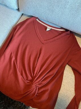 Anthropologie Rust Waffle Knit V-Neck Twist Front Long Sleeve Top